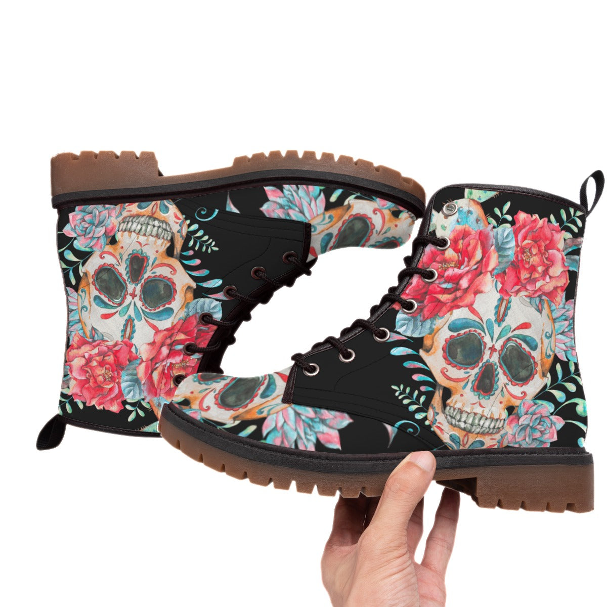 Floral rose skull Men's Women's Martin Short Boots, Halloween skeleton skull boot shoes