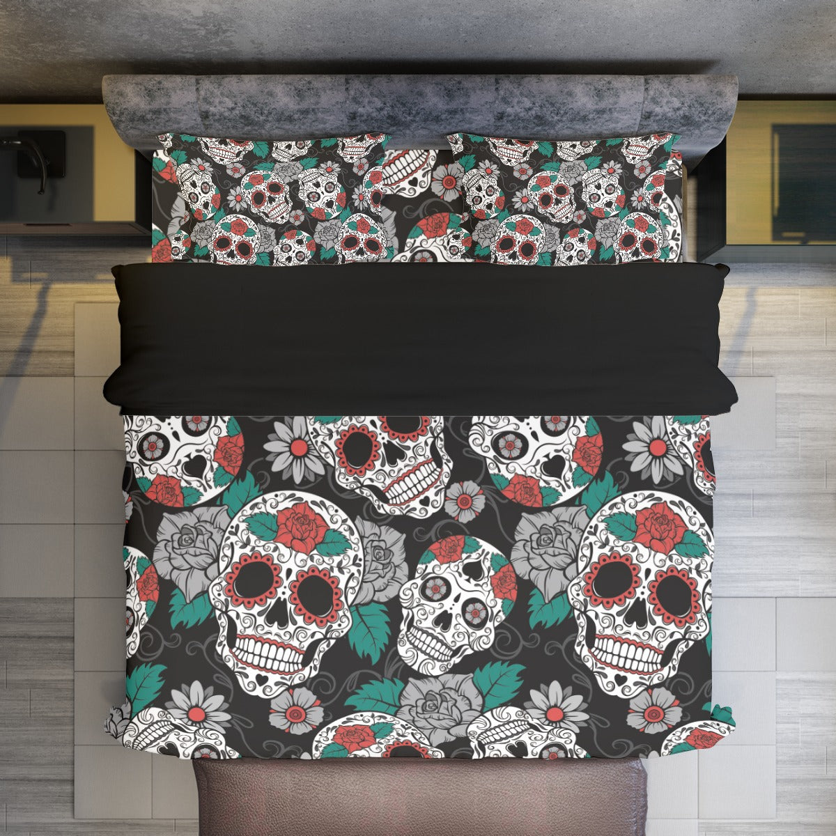 Gothic sugar skull floral skeleton Four-piece Duvet Cover Set
