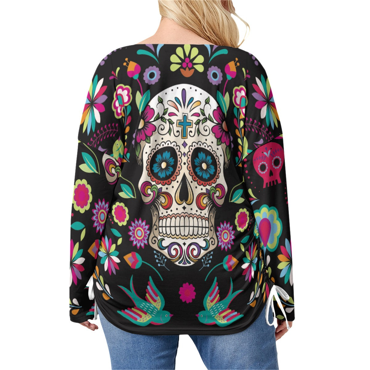 Sugar skull Mexican calaveras Women’s V-neck T-shirt With Side Drawstring(Plus Size)