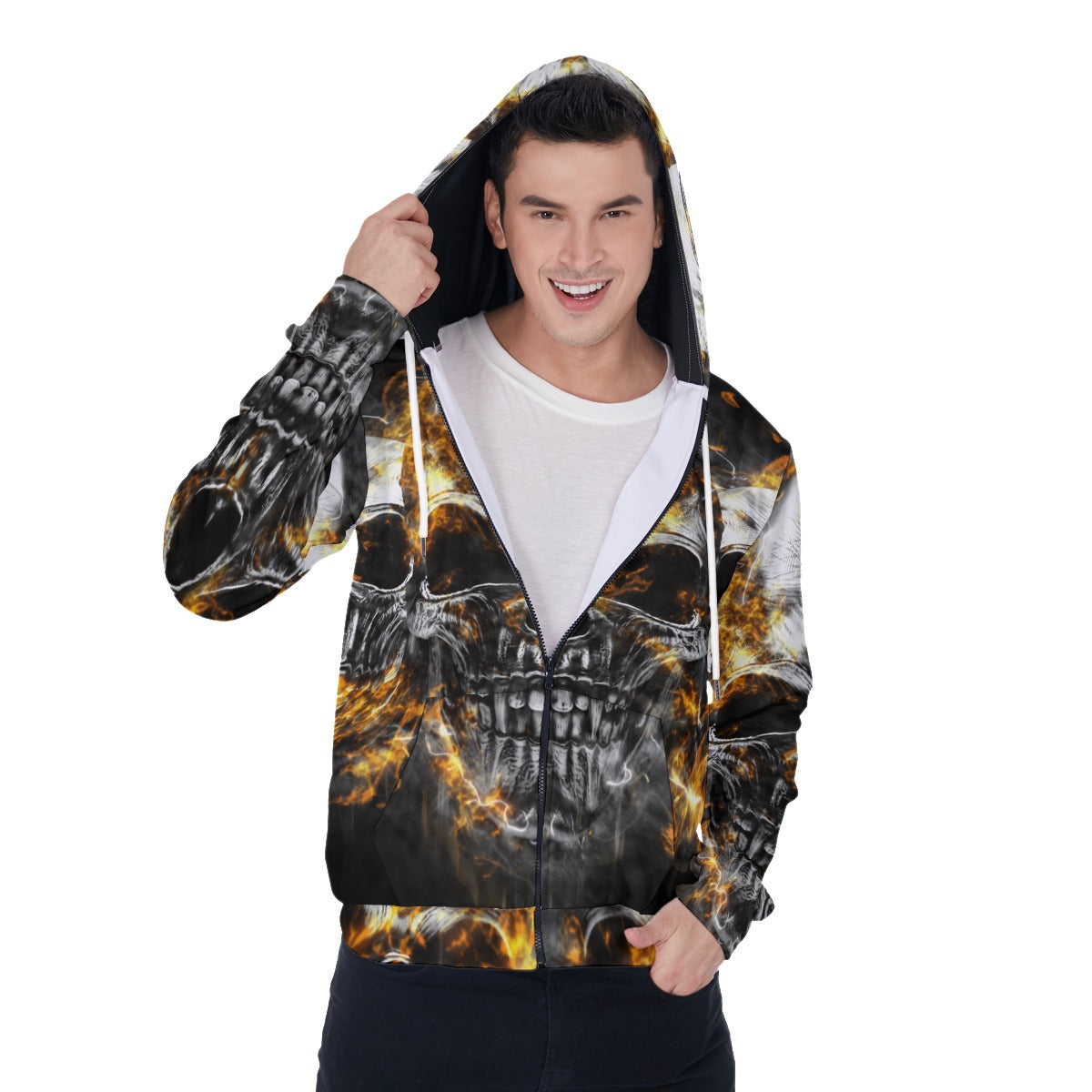 Flaming skull Men's Mirco Fleece Zip Up Hoodie