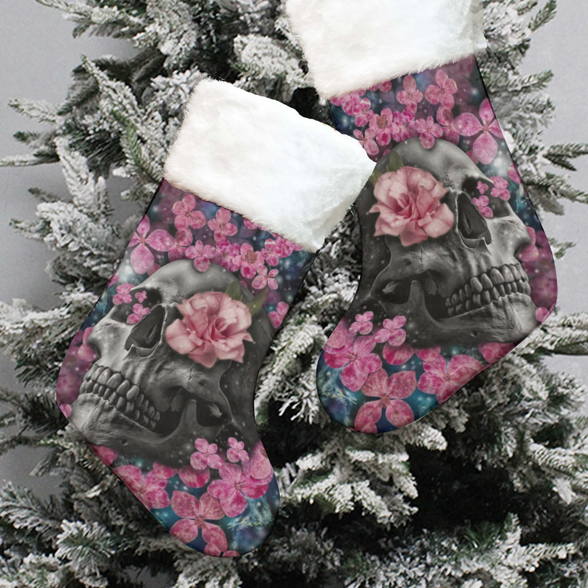 Floral gothic skull All-Over Print Christmas Socks