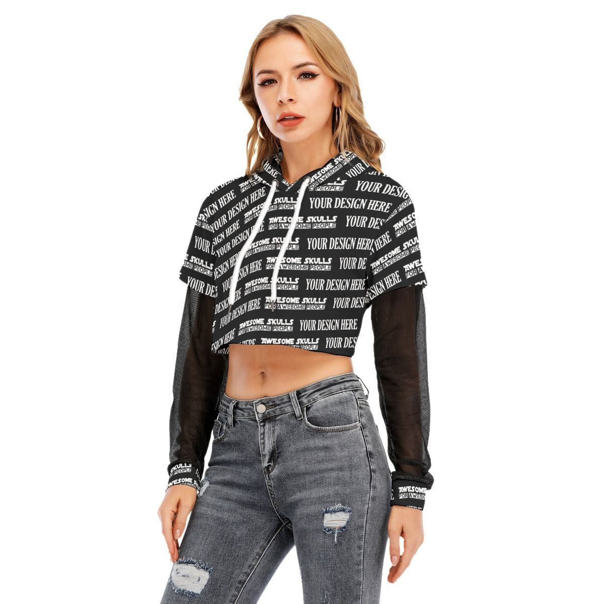 Custom print on demand pod Women's Hoodie Women's Two-piece Mesh Sleeve Cropped Hoodie