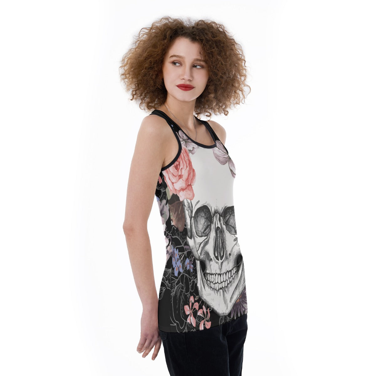 Floral skull Women's Back Hollow Tank Top, rose skull women's tank top