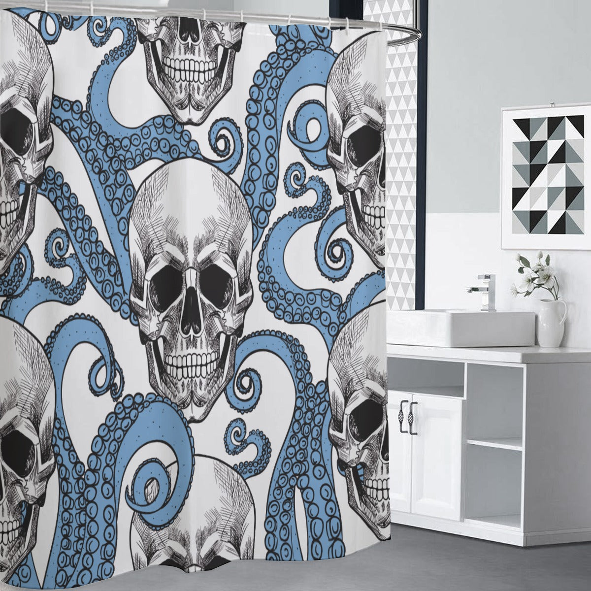 Gothic skull halloween skeleton Shower Curtains 150（gsm), Grim reaper horror skull shower curtain