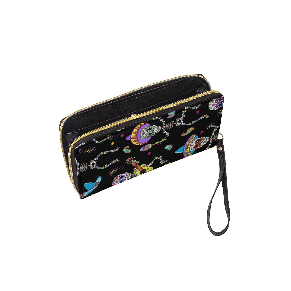 Sugar skull Day of the dead Long Wallet With Black Hand Strap