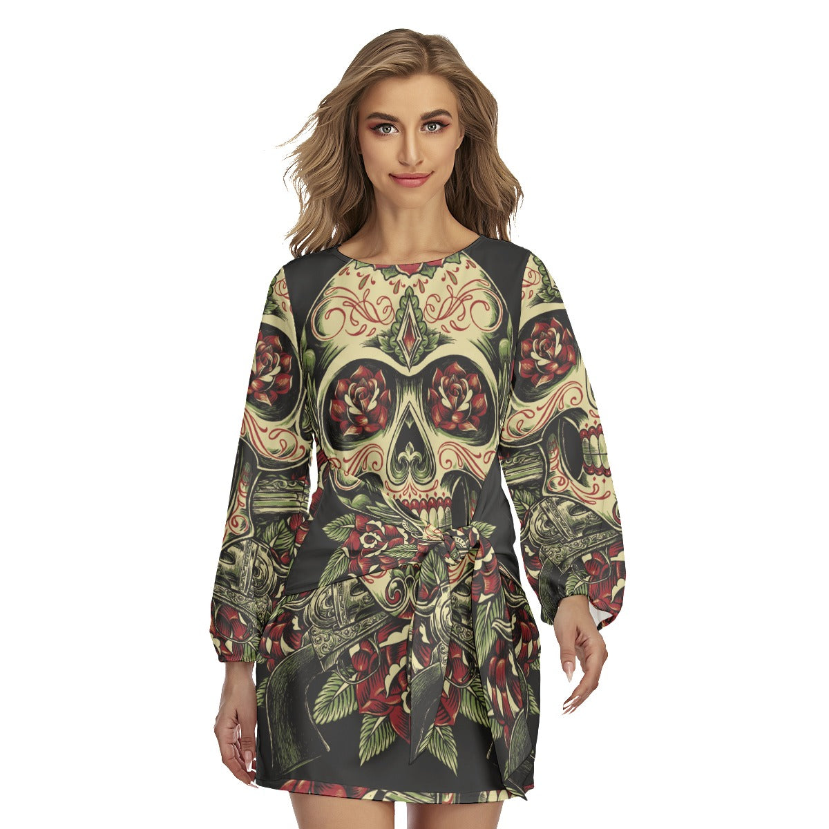 Day of the dead Women's Lantern Sleeve Dress, sugar skull women's dress