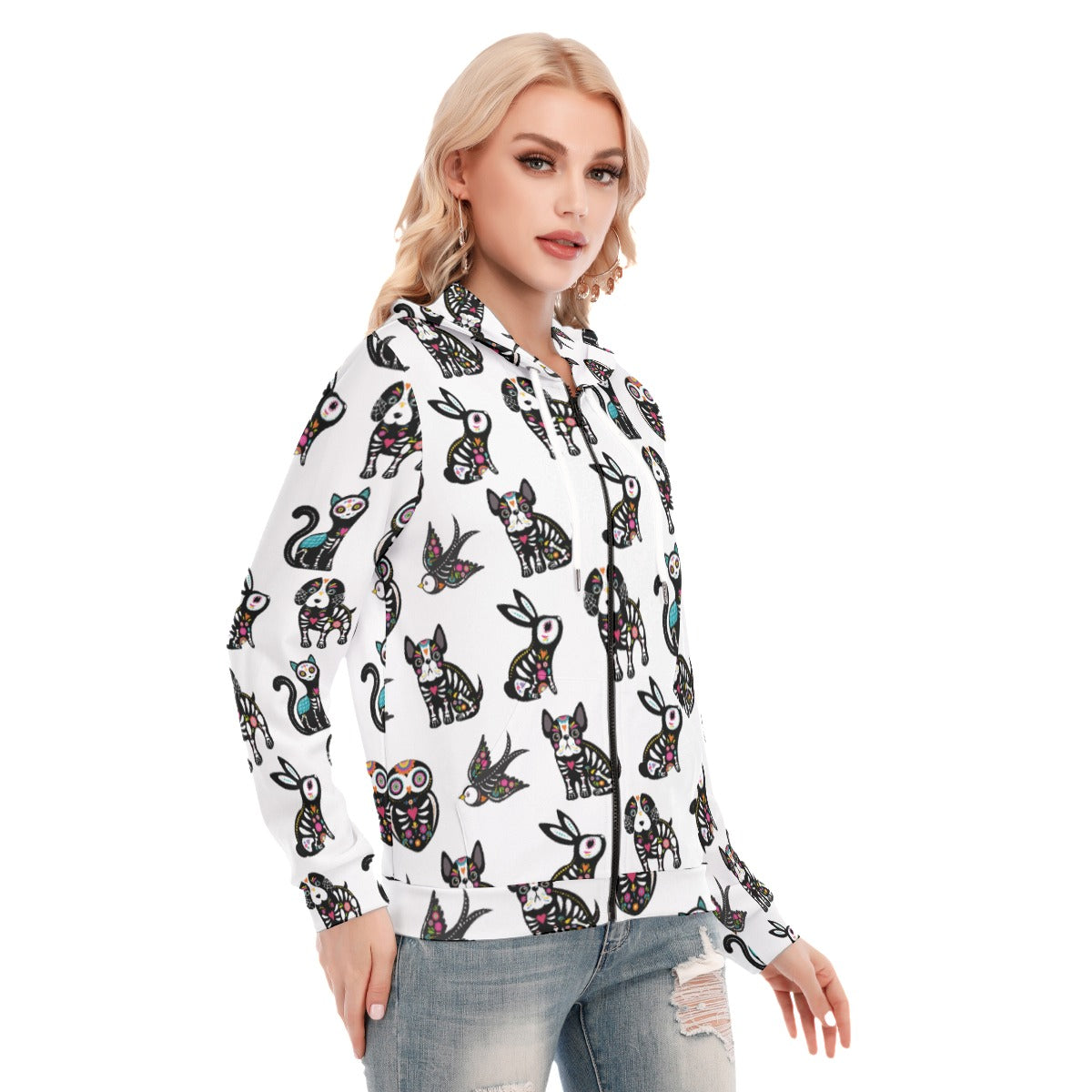 Mexican skull Women's Hoodie With Zipper, Day of the dead skull zip hoodie sweatshirt