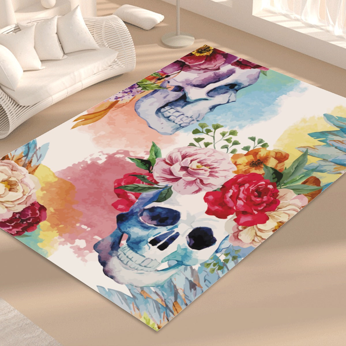 Floral skull Foldable Floor Mat, Rose skeleton Halloween carpet home decoration