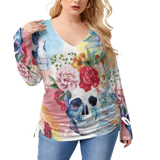 Floral skull Women’s V-neck T-shirt With Side Drawstring, sugar skull shirt