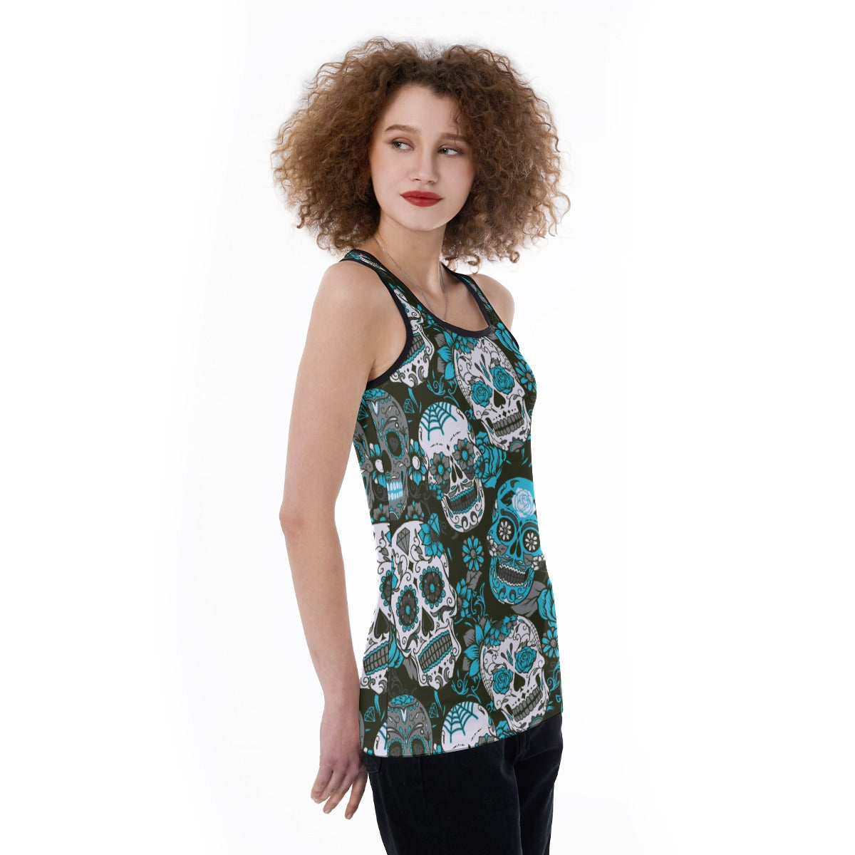 Blue sugar skull Women's Back Hollow Tank Top, sugar skull day of the dead tank top