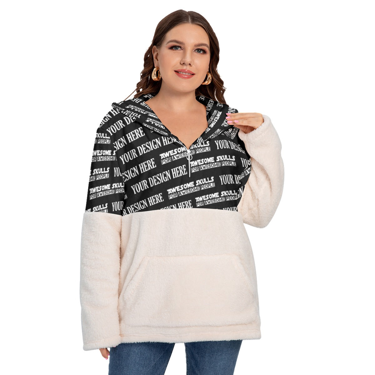 Custom print on demand pod Women's Hoodie Borg Fleece Hoodie With Half Zip (Plus Size)