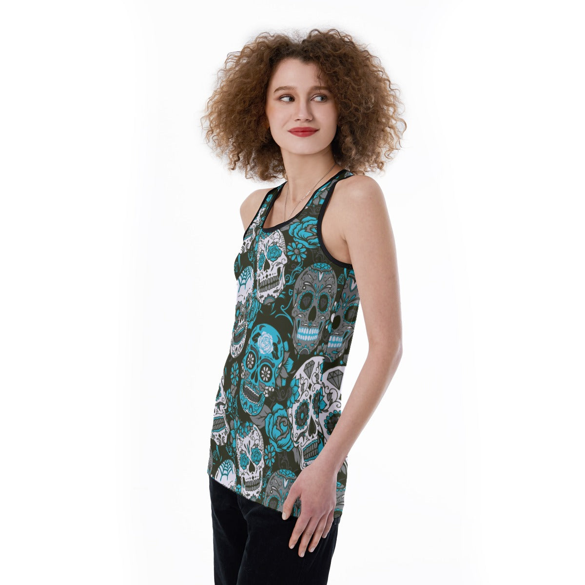 Blue sugar skull Women's Back Hollow Tank Top, sugar skull day of the dead tank top