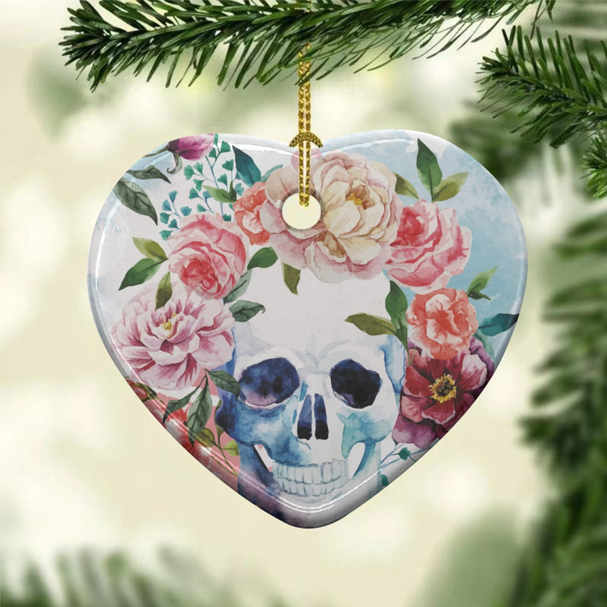 Floral skull Heart Shaped Christmas Ceramic Pendant, Halloween skull ornament, christmas skull