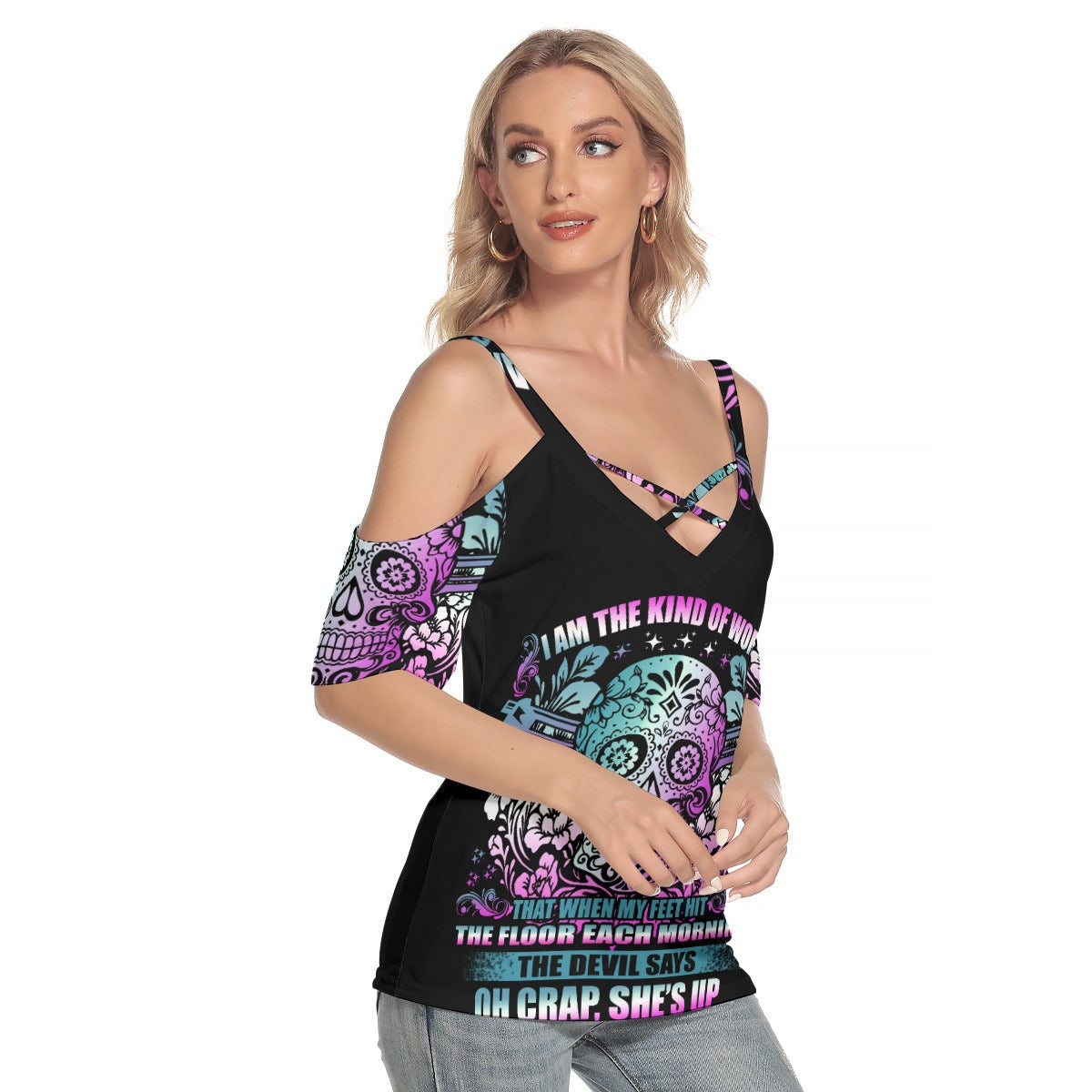 Sugar skull Women's Cold Shoulder T-shirt With Criss Cross Strips