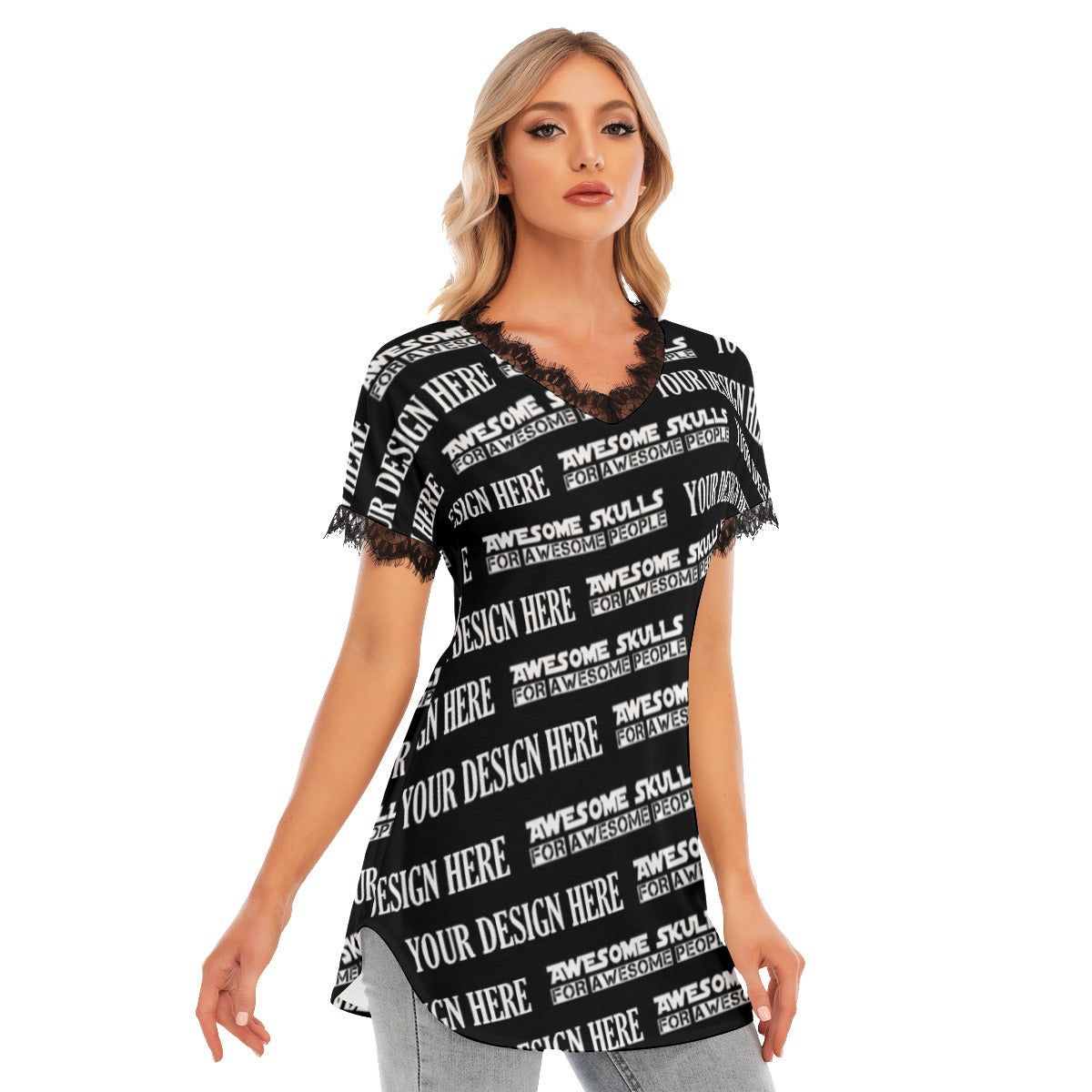 Custom print on demand pod Women's Shirts Lace Collar Long T-shirt