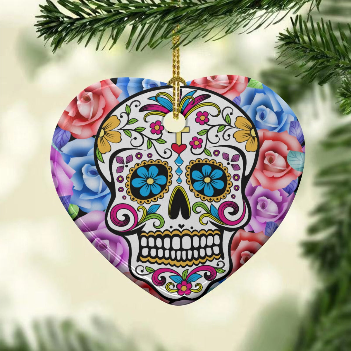 Sugar skull Heart Shaped Christmas Ceramic Pendant, Day of the dead christmas pendant ornament