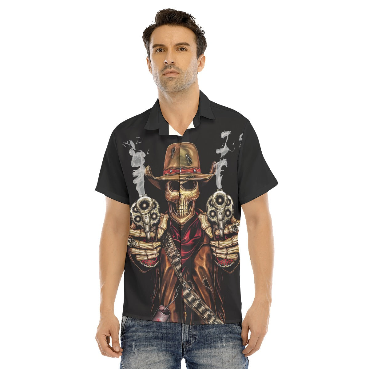 Gothic Grim reaper Men's Lapel Collar Short Sleeve T-shirt With Concealed Placket