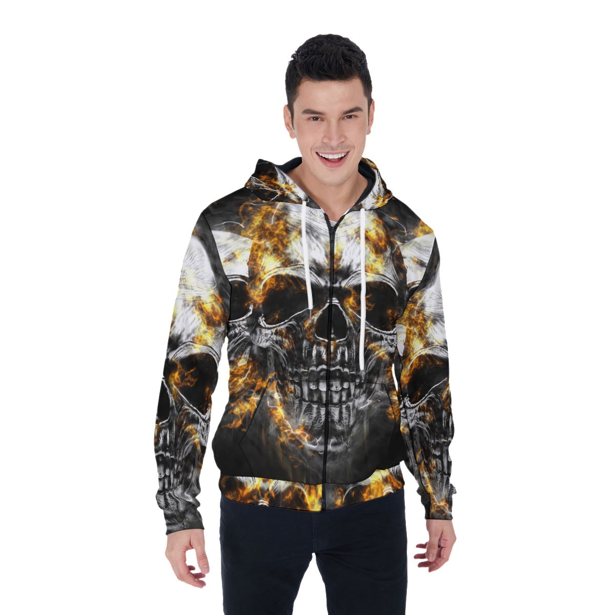 Flaming skull Men's Mirco Fleece Zip Up Hoodie