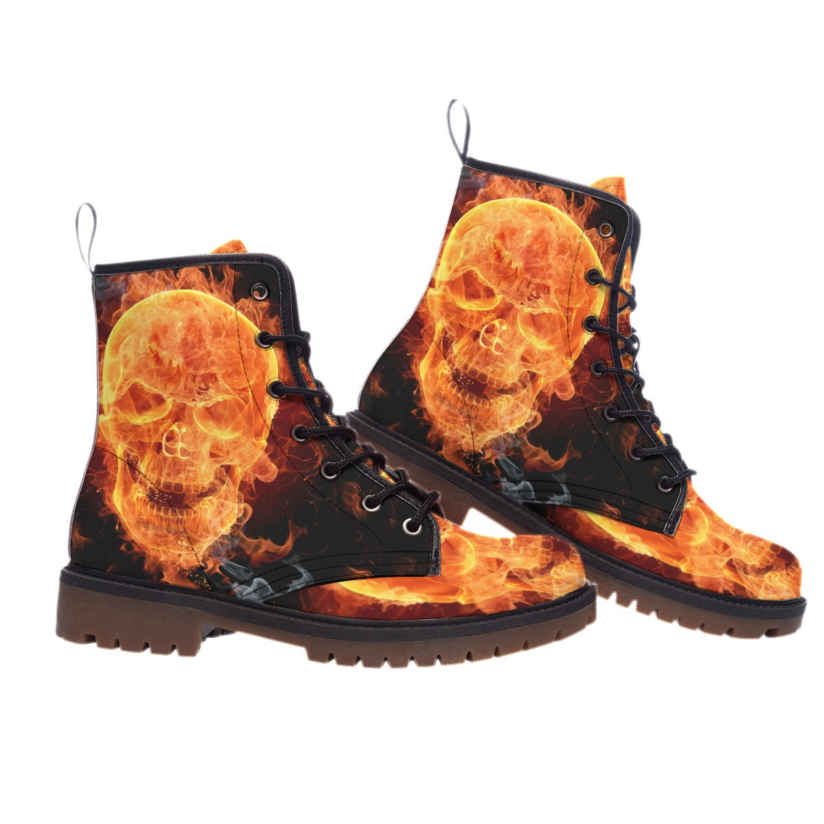 Flaming gothic skull men's boots, Halloween fire skeleton gothic boots shoes for men women
