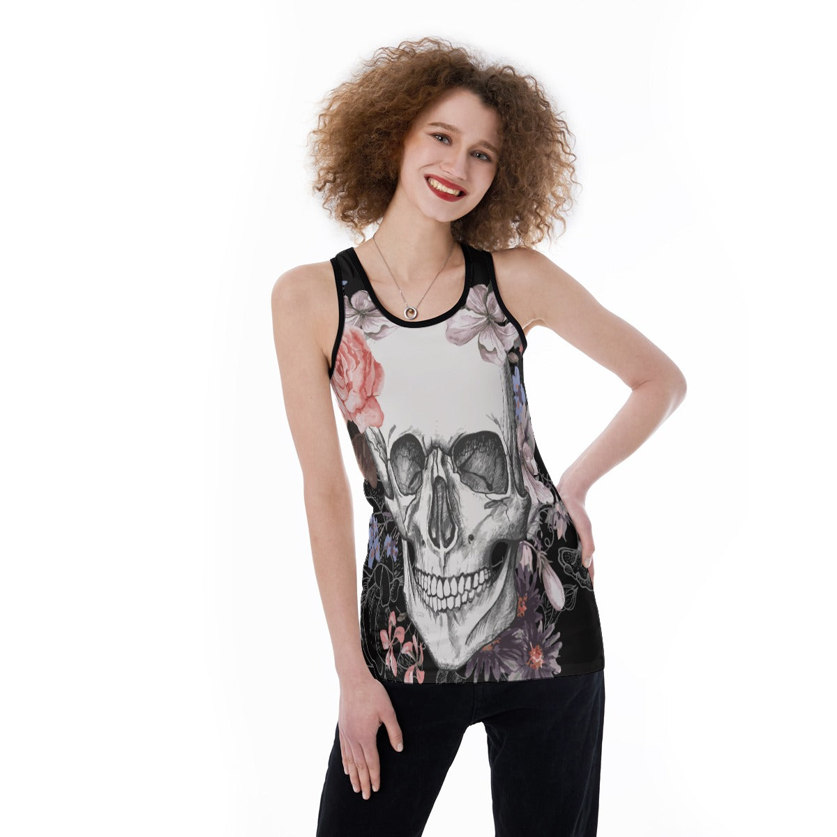 Floral skull Women's Back Hollow Tank Top, rose skull women's tank top