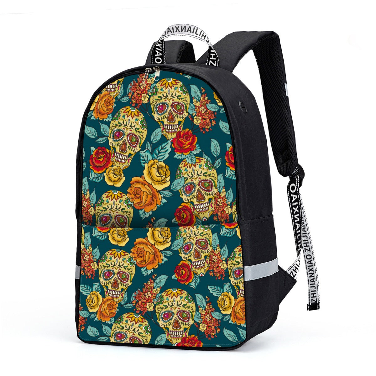 Day of the dead sugar skull Backpack With Reflective Bar, dia de los muertos backpack, skull bag