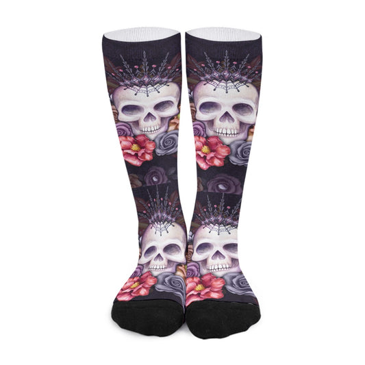Floral skull Unisex Long Socks, rose skeleton halloween skull socks