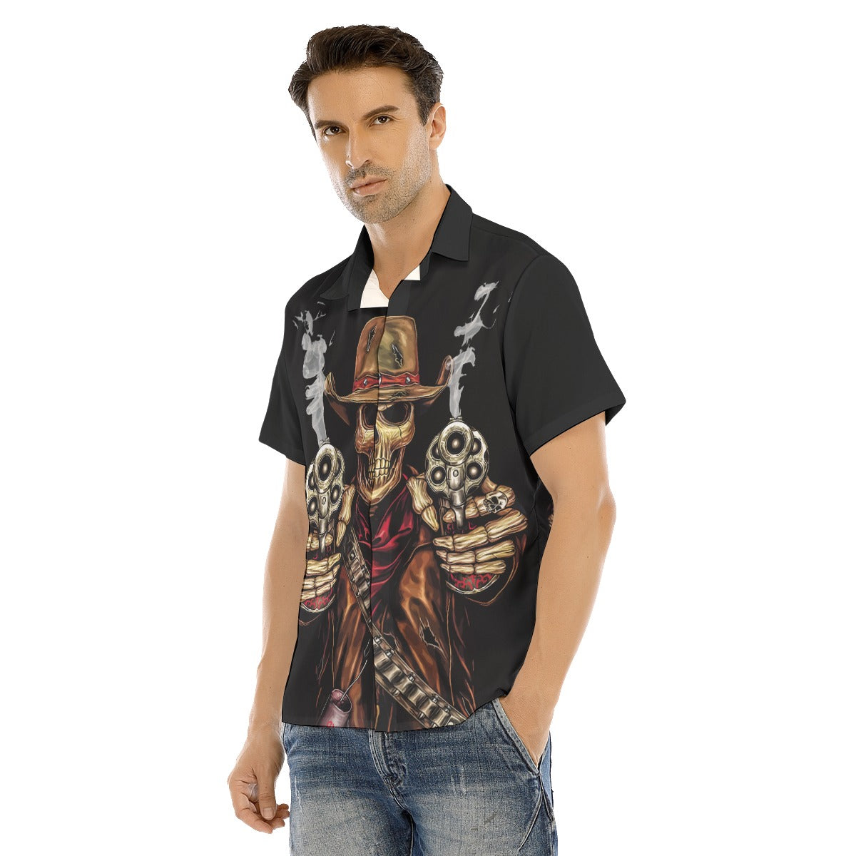 Gothic Grim reaper Men's Lapel Collar Short Sleeve T-shirt With Concealed Placket