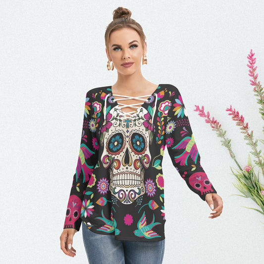 Sugar skull Women Long Sleeve Neckline Tie Sweatshirt