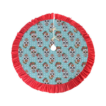 Floral day of the dead rose sugar skull Red Christmas Tree Skirt