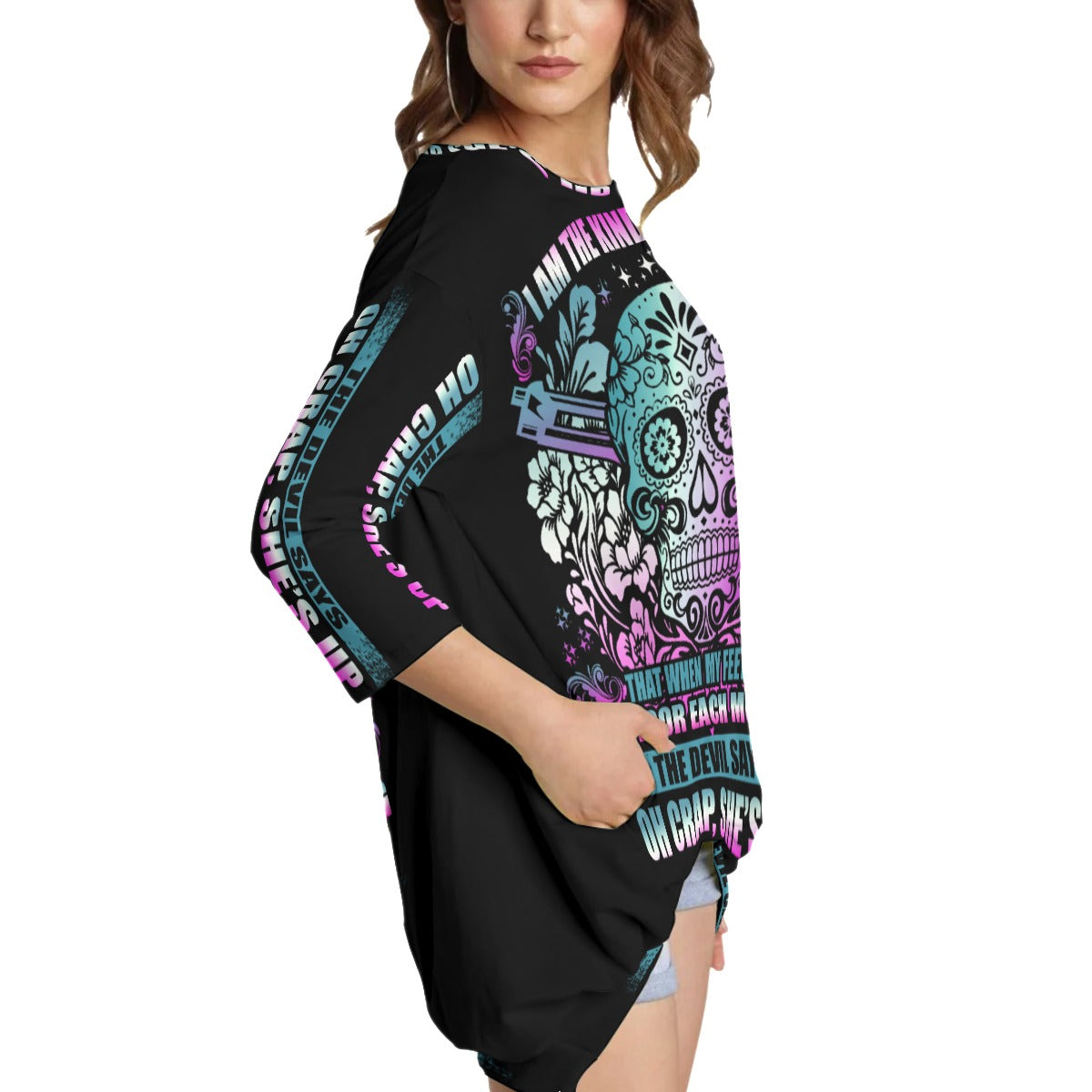 Sugar skull Women's Sweatshirt With Irregular Pleated Hem