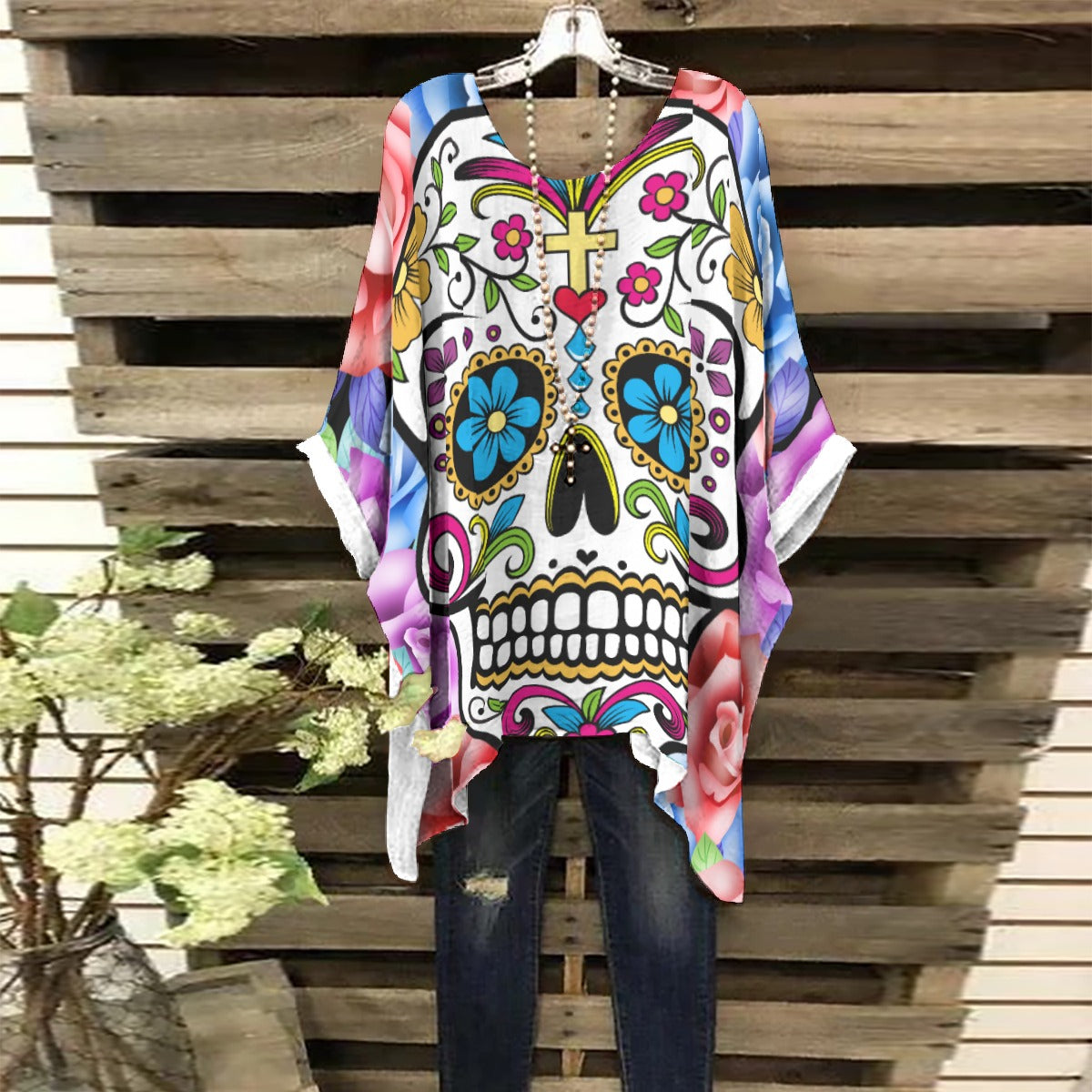 Sugar skull All-Over Print Women's Bat Sleeve Shirt