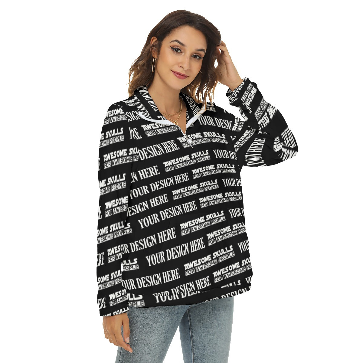 Custom print on demand pod Women's Hoodie Borg Fleece Sweatshirt With Half Zip