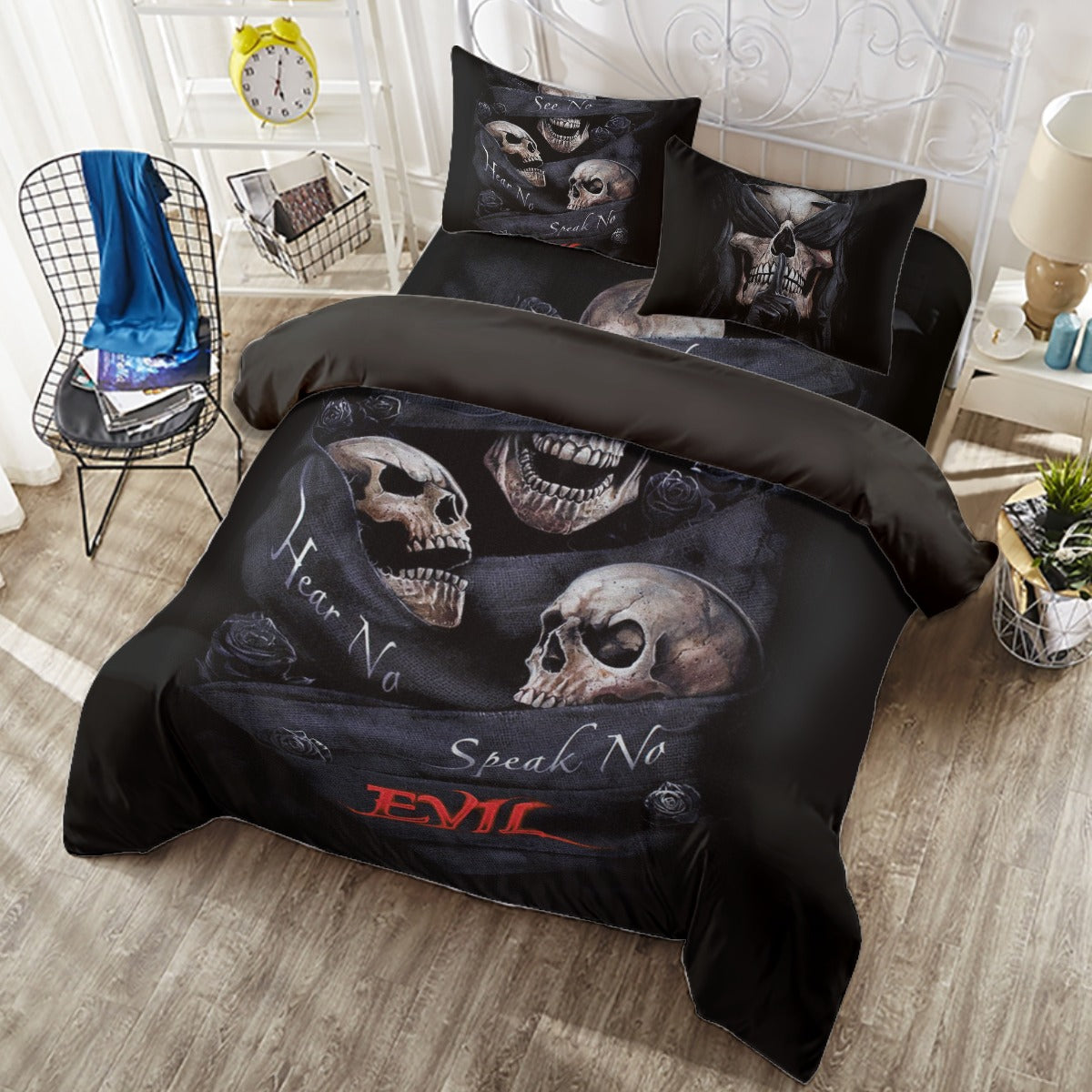 No see no hear no speak evils Four-piece Duvet Cover Set, Gothic skull bedding set