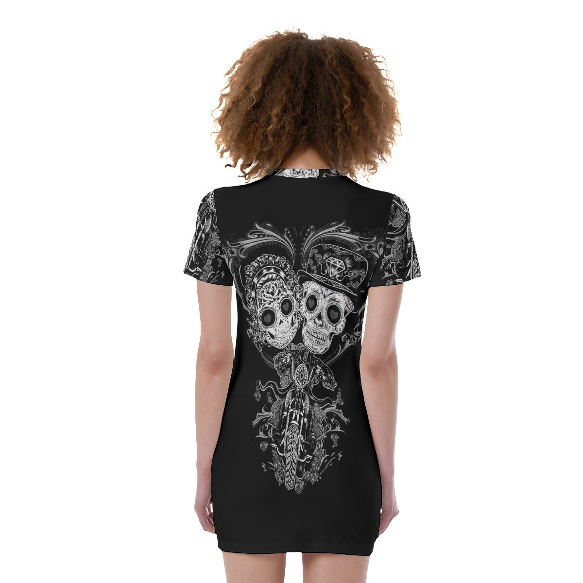 Sugar skull couple Women's Short Sleeve Tight Dress