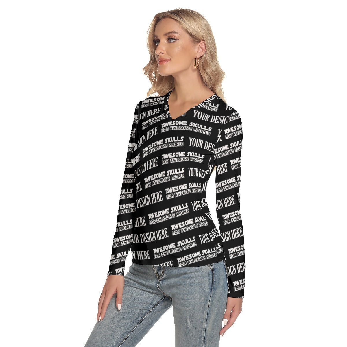 Custom print on demand pod Women's Shirts V-Neck Long Sleeves T-Shirt