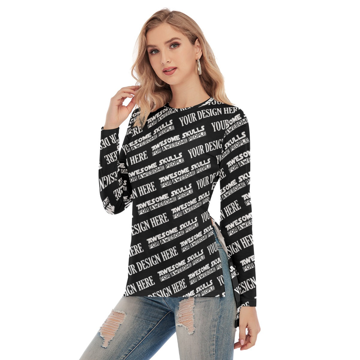 Custom print on demand pod Women's Shirts Side Split Long T-shirt