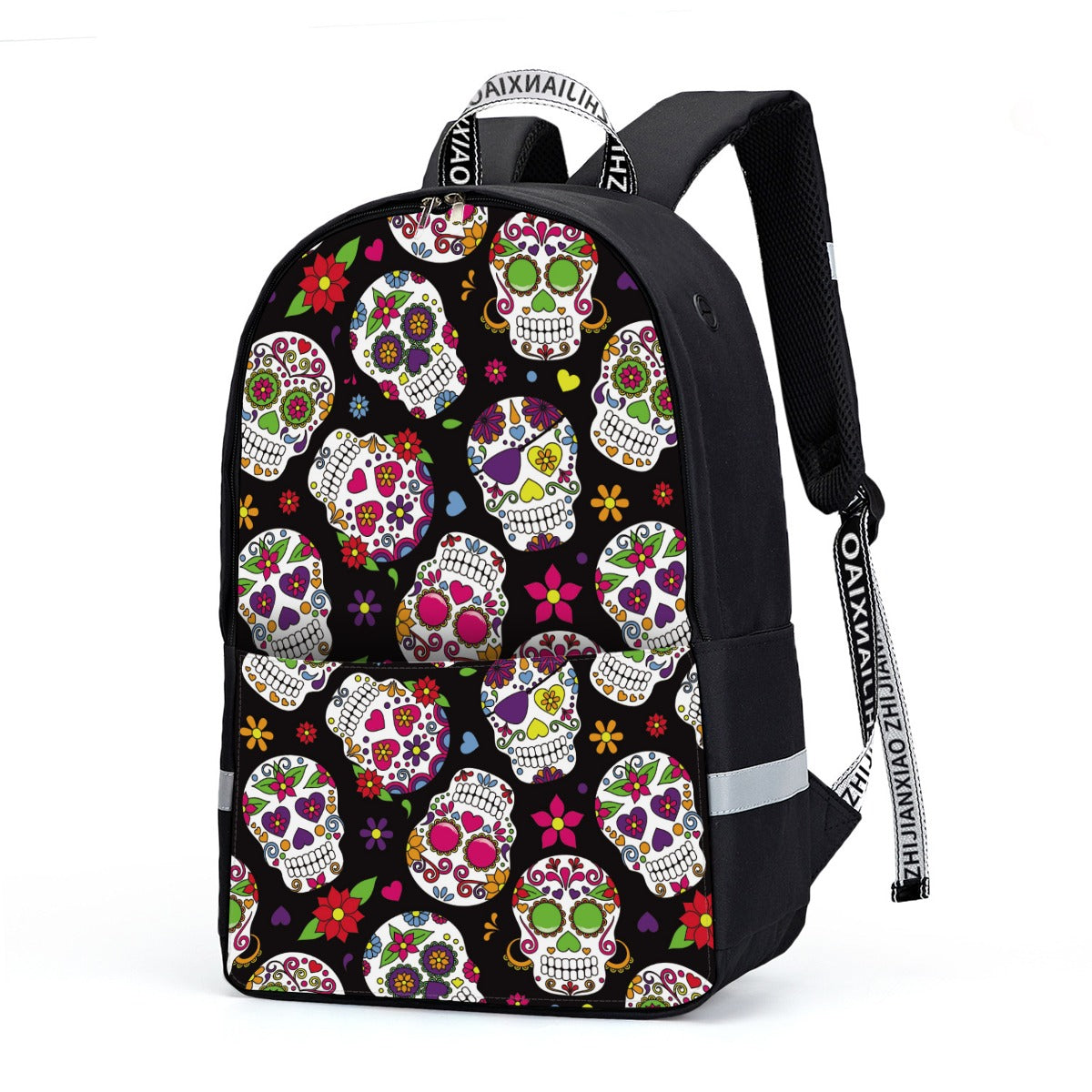 Dia de los muertos sugar skull Backpack With Reflective Bar, floral skull bag purse