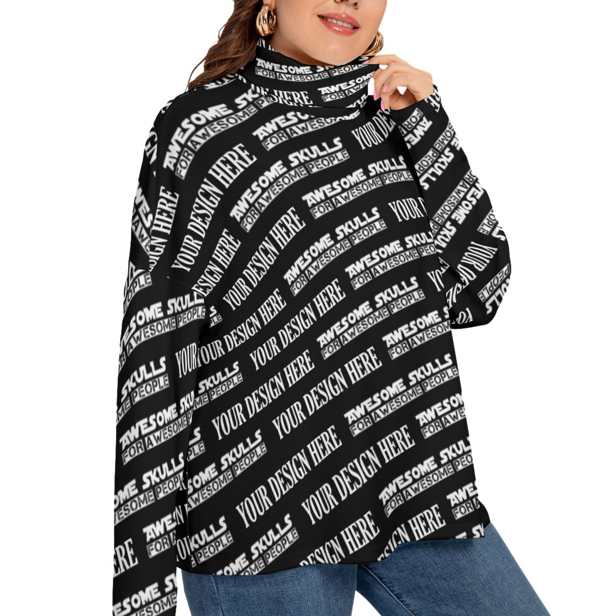 Custom Print on demand POD women's Knitwear & Cardi Turtleneck Imitation Knitted Sweater (Plus Size)