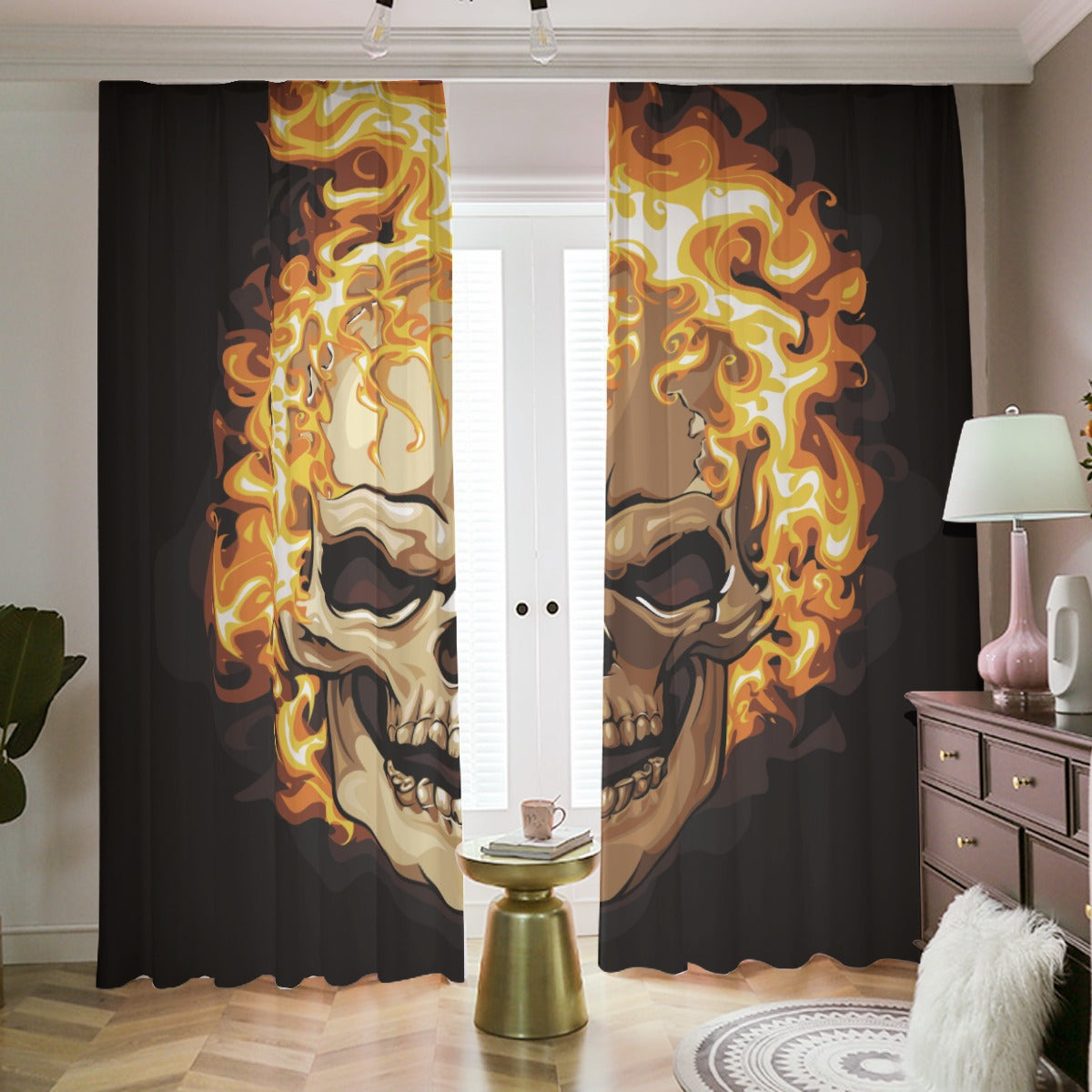Fire skull Halloweeen window curation, flaming skull Blackout Curtains with Hooks | 265(gsm)