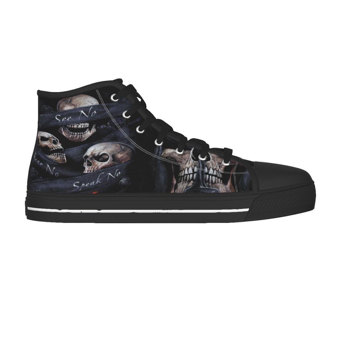 No see no hear no speak evils Women's Black White Sole Canvas Shoes