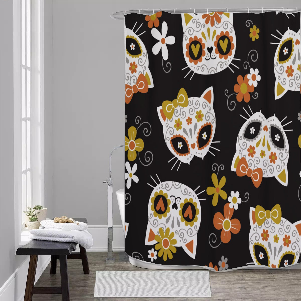 Sugar skull cat Shower Curtains 150（gsm）