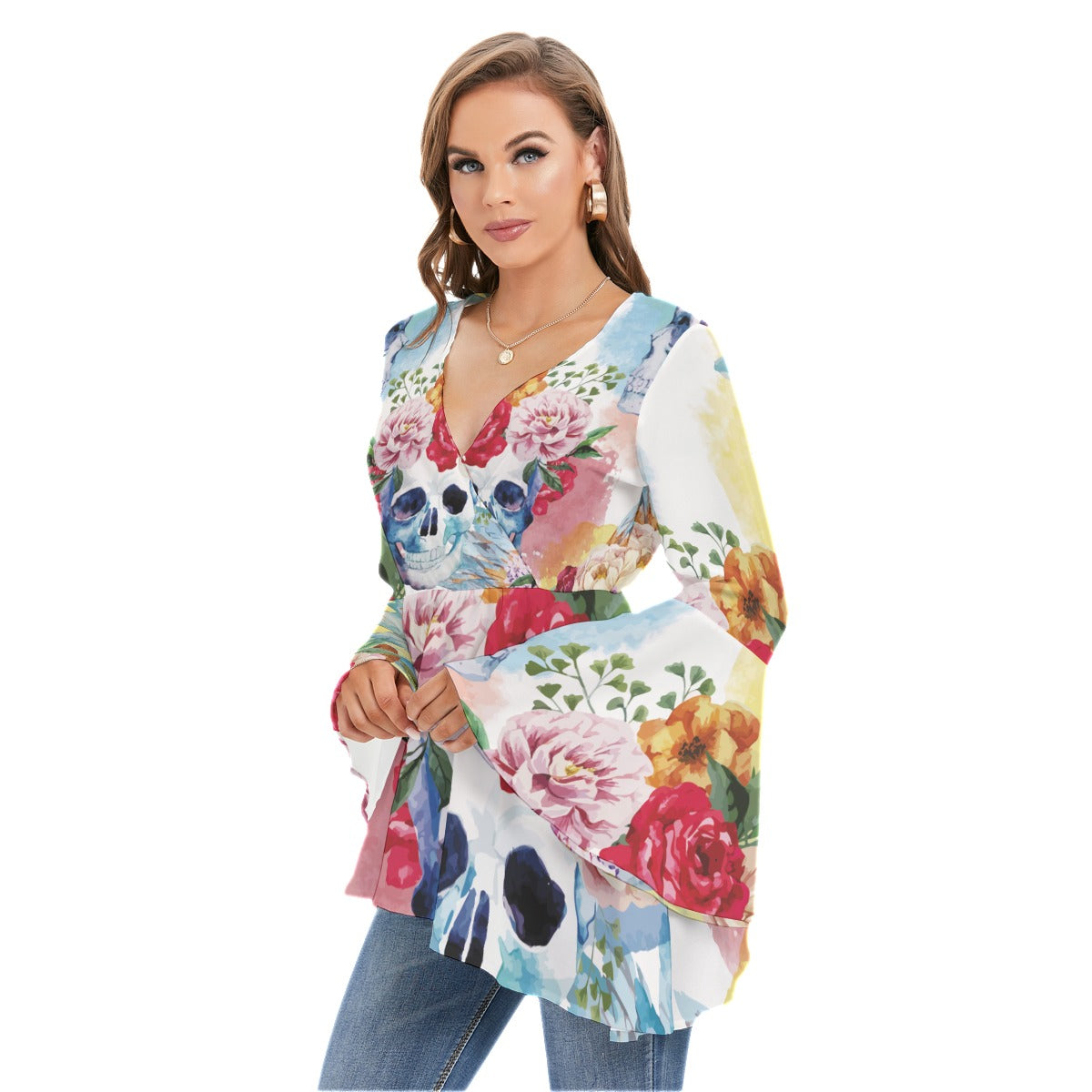 Floral sugar skull Women's V-neck Blouse With Flared Sleeves