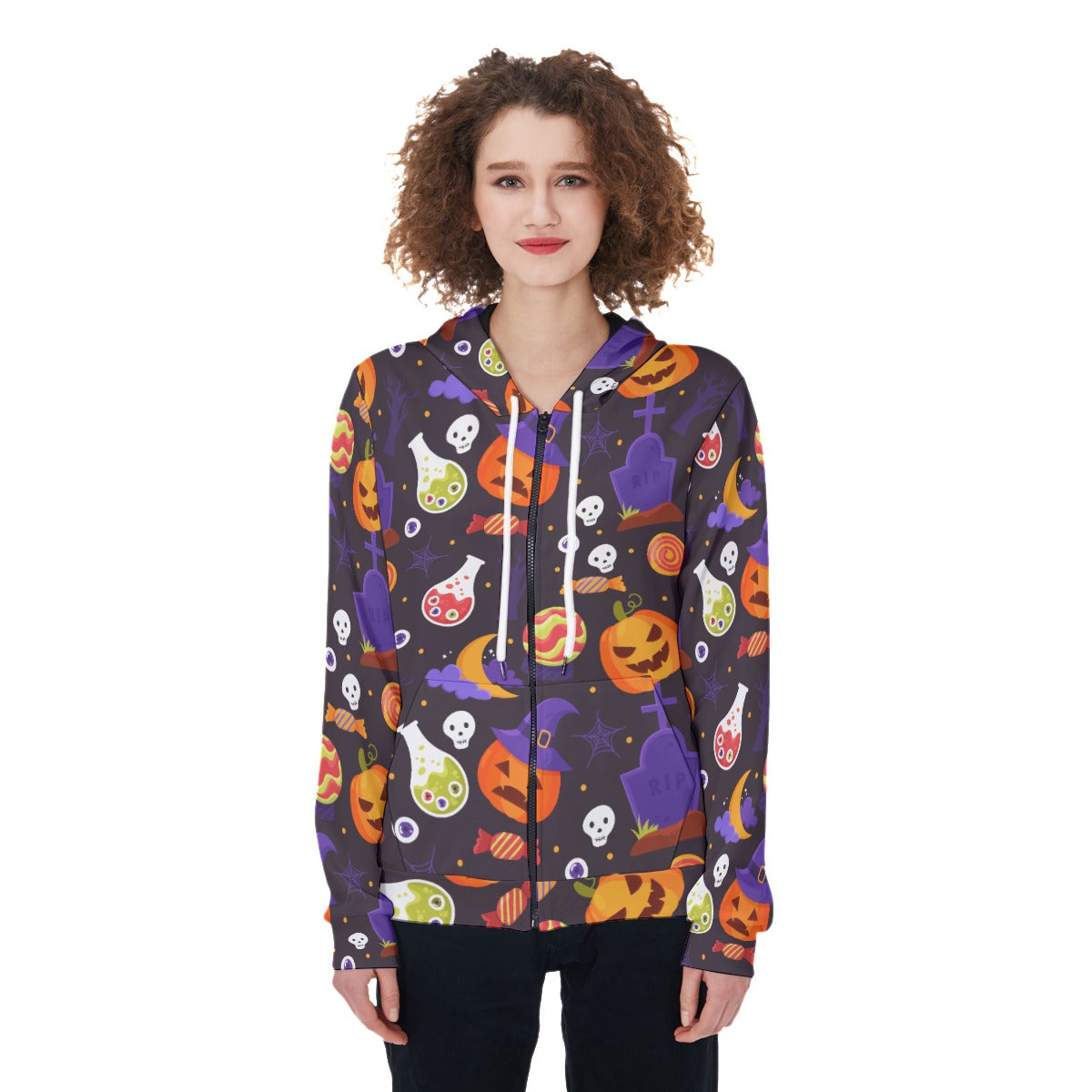 Pumpkin Halloween Women's Zip Up Hoodie, Halloween party Hoodie