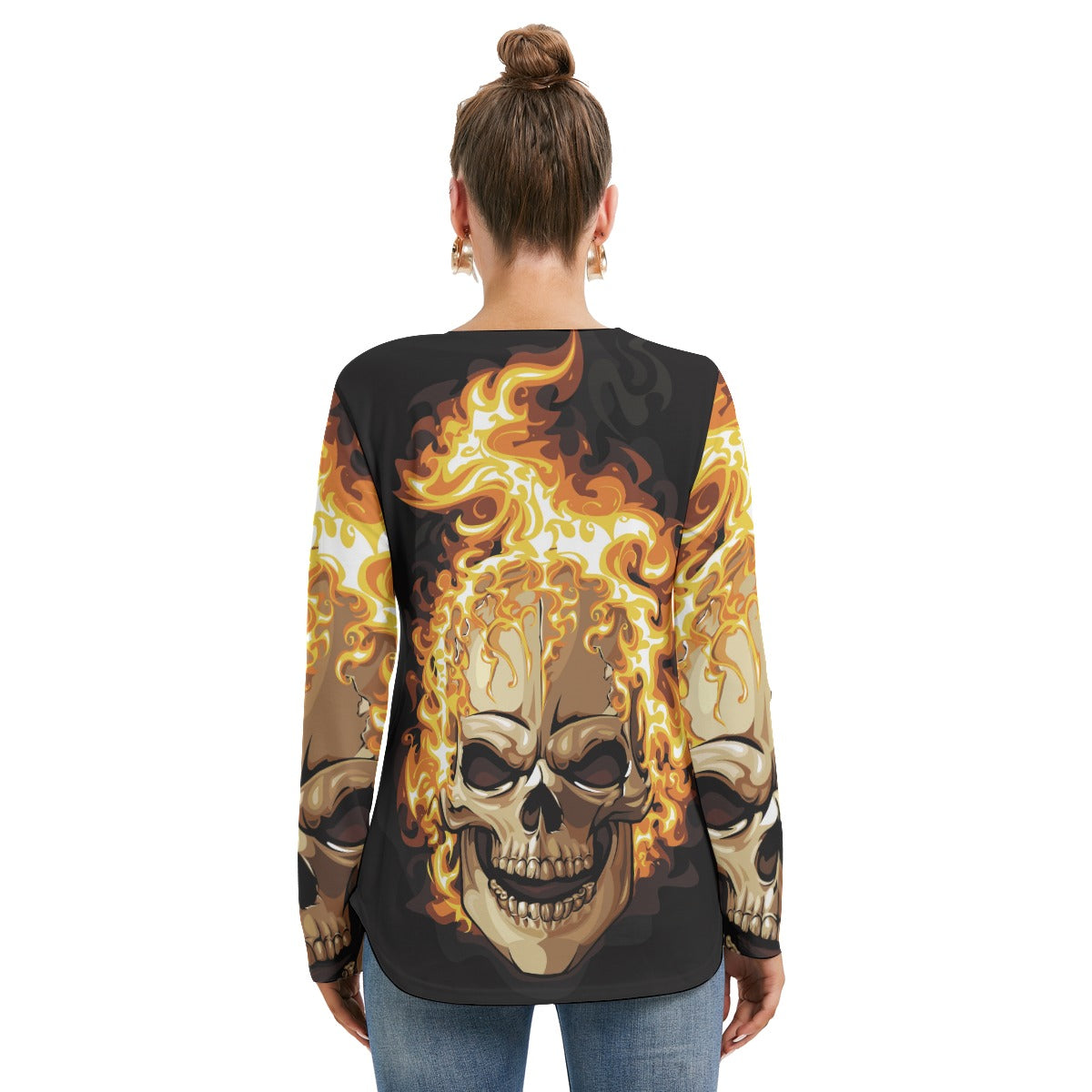 Flaming gothic skull Women's Long Sleeve Neckline Tie Sweatshirt