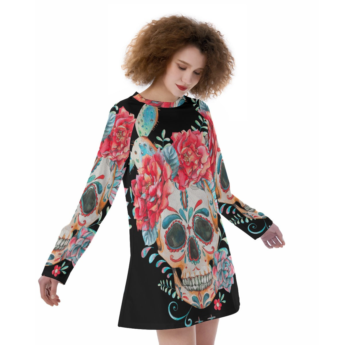 Floral skull Women's Raglan Sleeve Dress, Sugar skull day of the dead dress