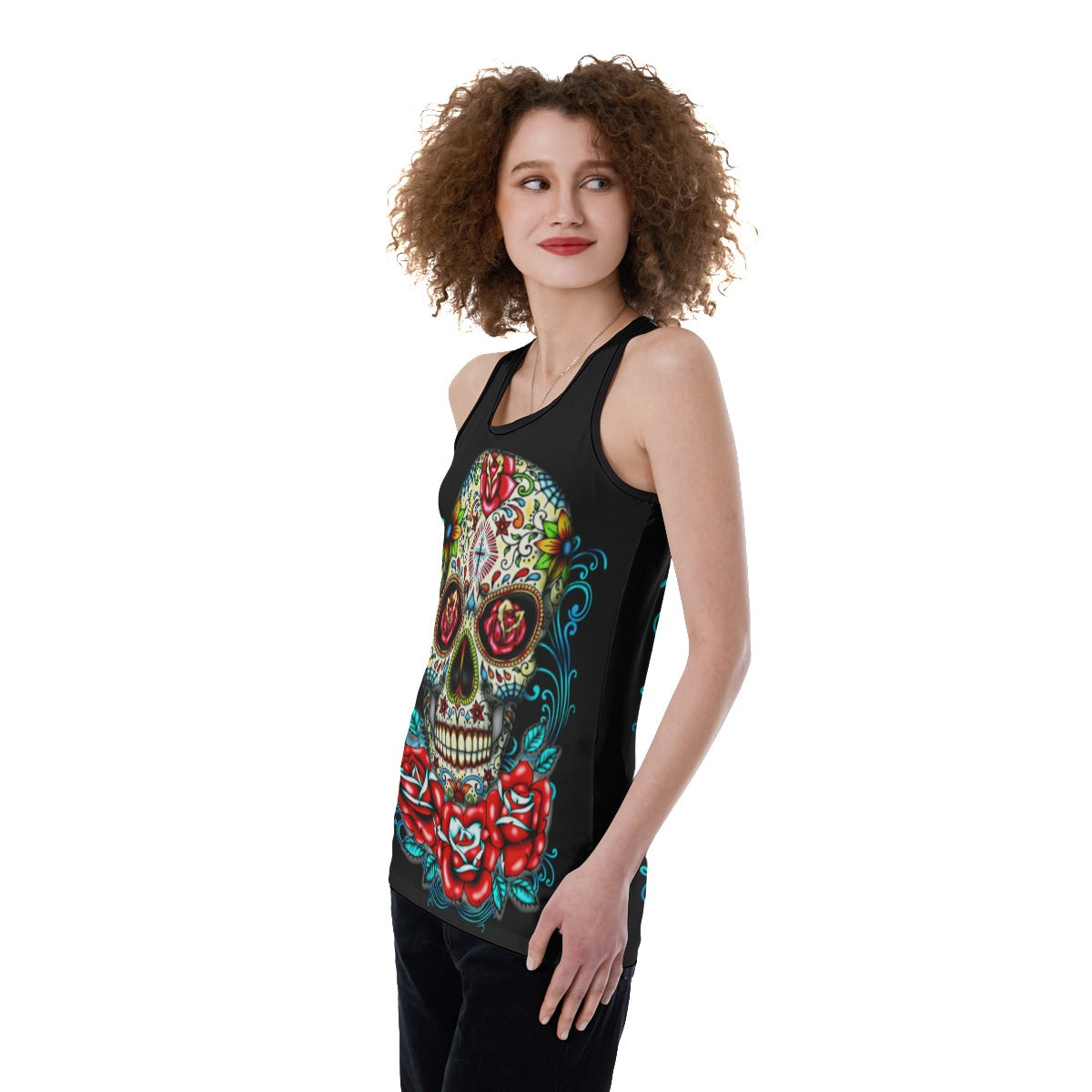 Floral sugar skull day of the dead Print Women's Back Hollow Tank Top
