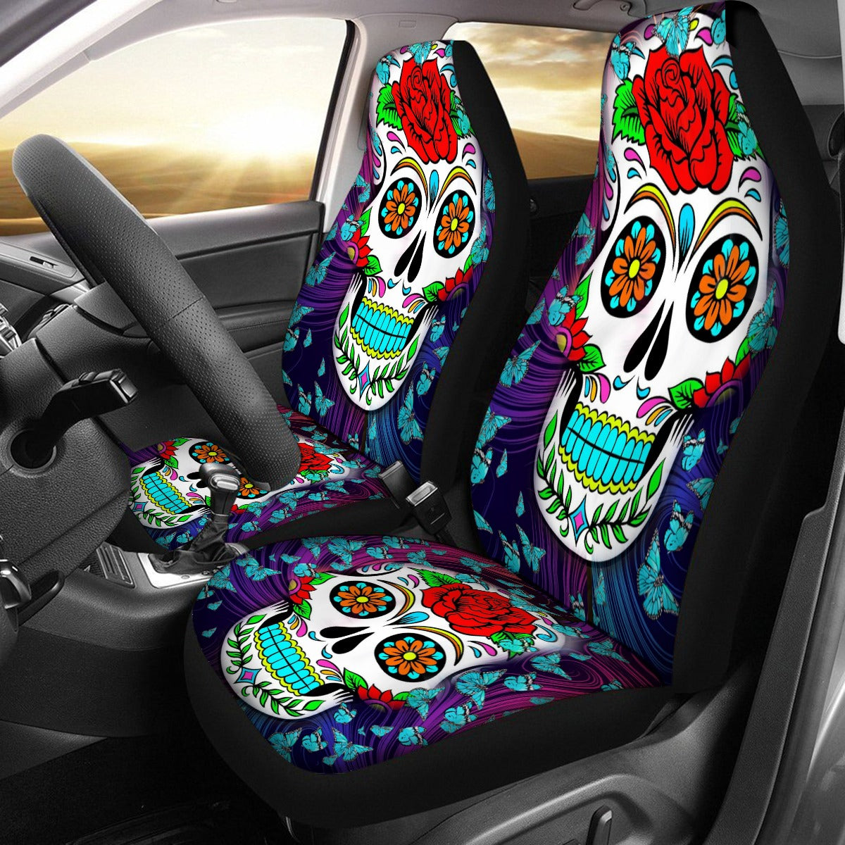 Set 2 pcs Day of the dead Universal Car Seat Cover With Thickened Back, sugar skull car seat covers