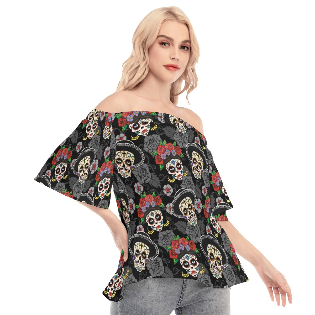 Day of the dead sugar skull Women's Off-shoulder Flared Sleeves Dress