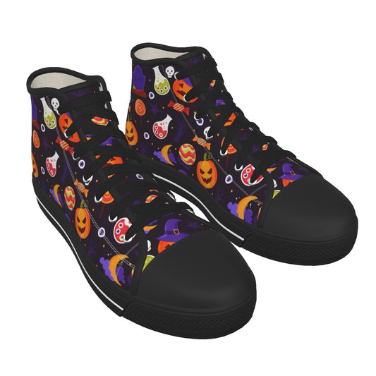 Halloween Women's Black Sole Canvas Shoes, Halloween costume shoes, Gothic skull pumpkin shoes