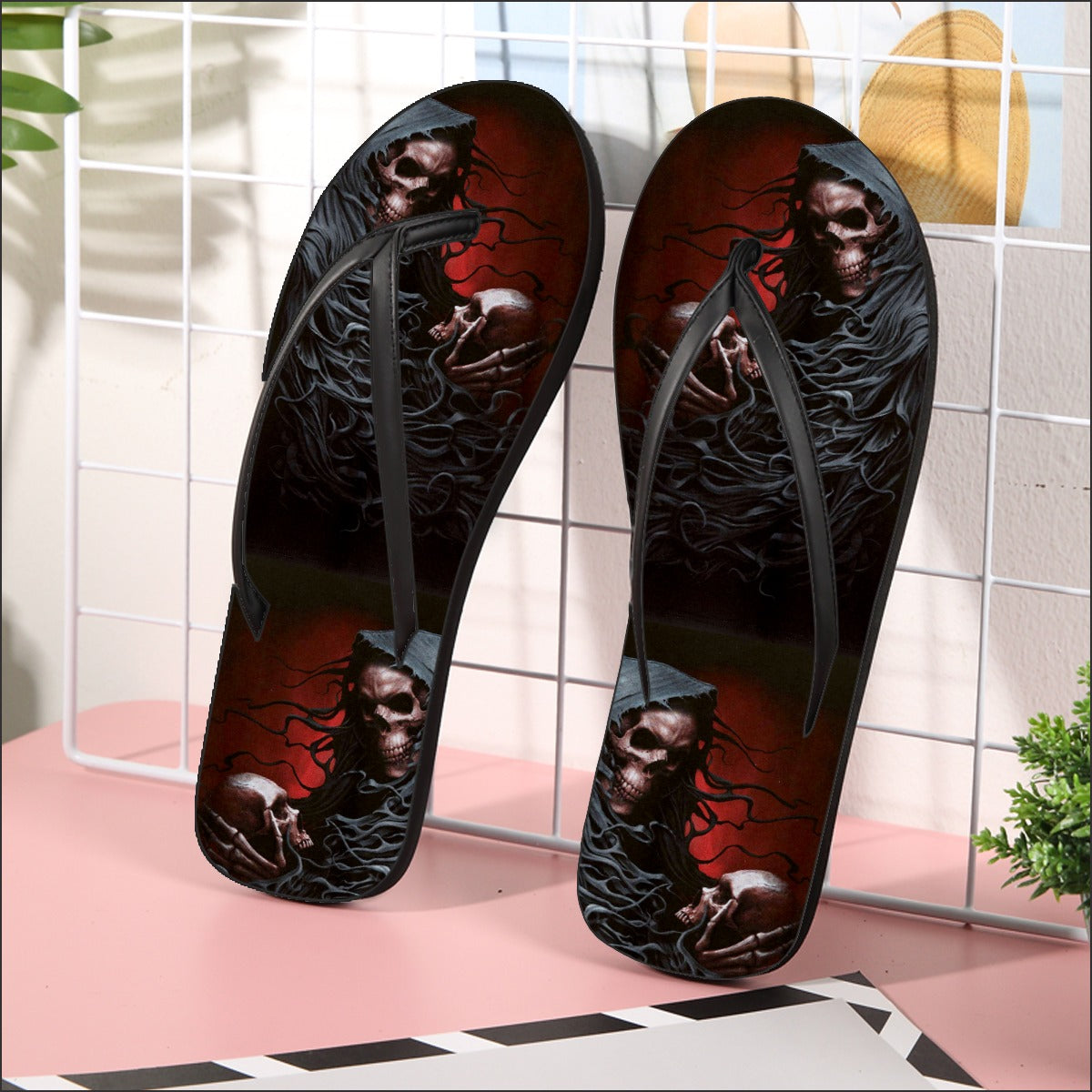 Gothic grim reaper Women's Flip Flops, Horror skull Halloween shoes sandals flip flops